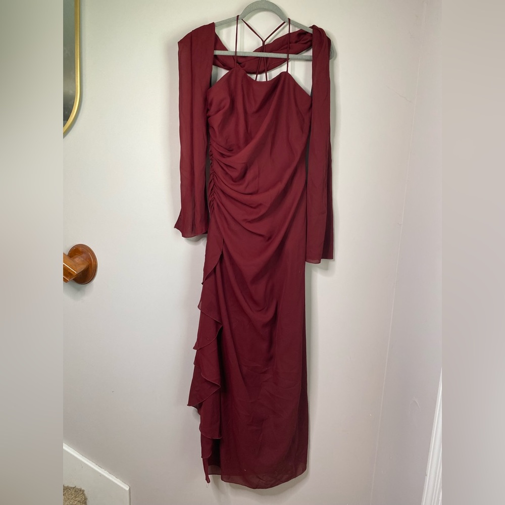 Women’s Ruffle Sleeveless Night Scene 90s Burgundy Prom Dress with shawl